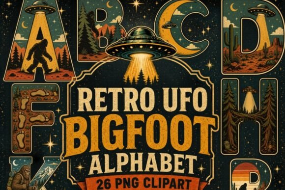 Download Retro UFO Bigfoot Alphabet PNG Bundle - Ufo Collection